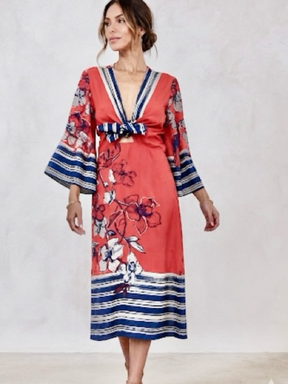 Maria Valentina Floral Bell Sleeve Vibrant Orange Deep V- Neck Midi Dress Size S